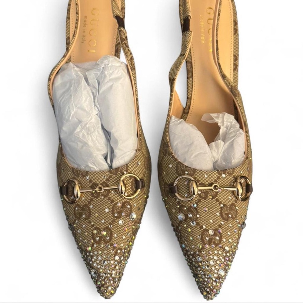 Pointed-Toe slingback crystal embellished heels with Gold Horsebit hardware - Picture 2 of 5